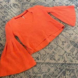 Free People Orange Cable Knit Bell Sleeve Sweater with Slight Crop